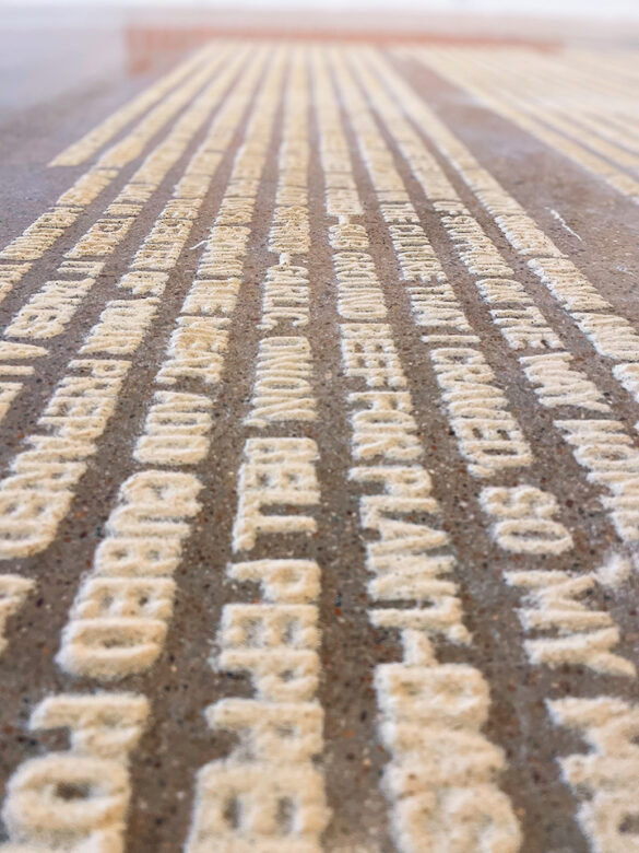 A close-up photograph of text created by stenciling the spice, Adobo. The beige colored text appears on the gray ground. Because of the depth of focus most of the text is out of focus with only some words appearing legible. Some words that can be read are, "CULTURE, GROUND BEEF, GARLIC, TEXAS." Artwork by Sheryl Anaya. Photo by Diane Durant.
