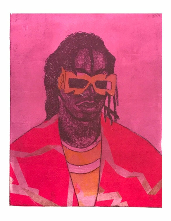 A print by Adrian Armstrong from his "Portrait" series. A young black man wears oversized yellow glasses which obscure his eyes. He also wears a yellow shirt covered by a pink blazer with jagged lines on it. The image is tinted pink.