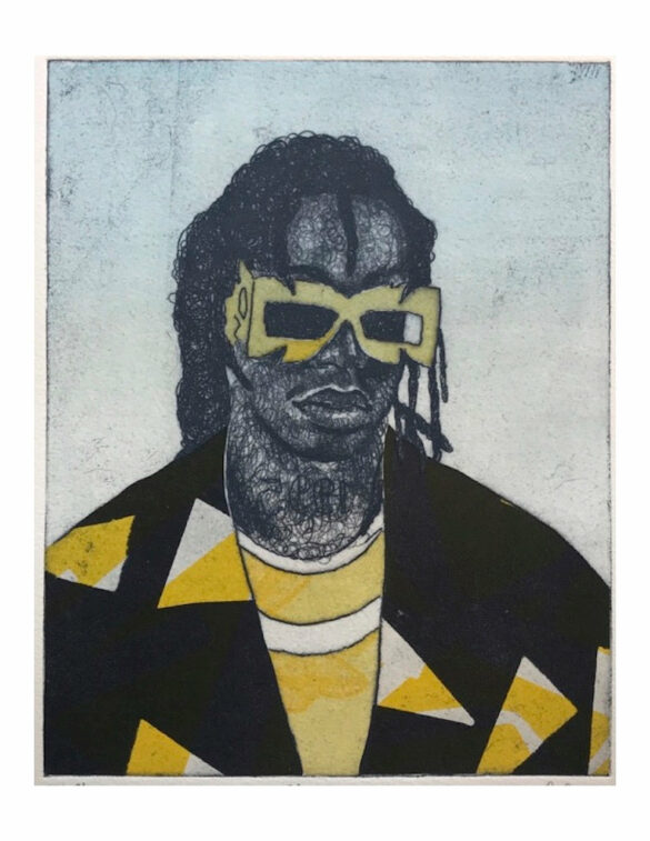 A print by Adrian Armstrong from his "Portrait" series. A young black man wears oversized yellow glasses which obscure his eyes. He also wears a yellow shirt covered by a black blazer with yellow and white triangles on it.