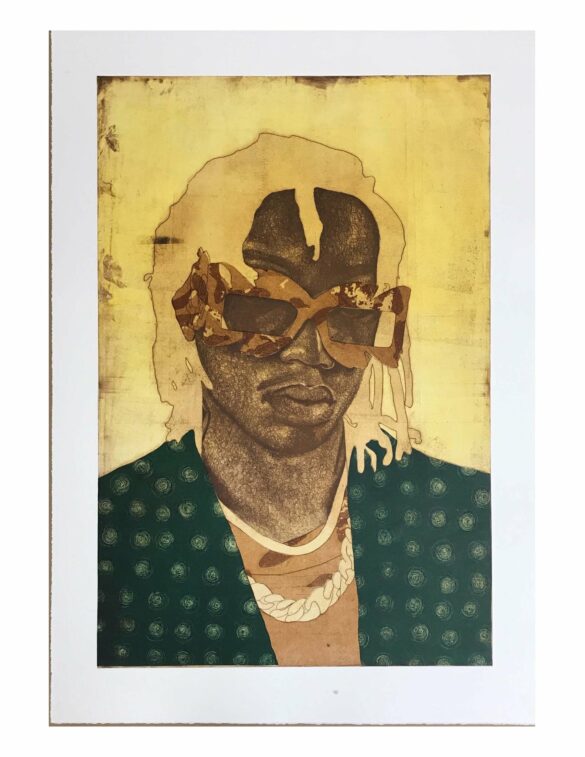 A print by Adrian Armstrong from his "Portrait" series. A young black man wears oversized glasses which obscure his eyes. He also wears a light pink shirt covered by a green blazer with small spirals on it. The image is tinted yellow with a yellow background.