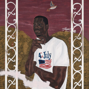 A painting by Jammie Holmes. The artwork depicts a Black man wearing a white 4th of July shirt. The man has his arms crossed in front of him and holds a cigarette in one hand as he looks off into the distance. He appears to be standing outside on a porch and is flanked by two white decorative metal posts with "S" shaped designs running down them. Behind him is a hilled grassy area and an ominous mauve sky. There are brown birds sitting on the metal posts and one flies above his head. Small white text is painted to the right of the figure and reads, "What if we free."