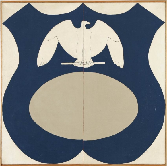 A square shaped painting by John Wesley. The painting consists of a navy blue shield shape in the center of a white canvas. At the top of the shield is a white eagle. Below the eagle is a gray oval.
