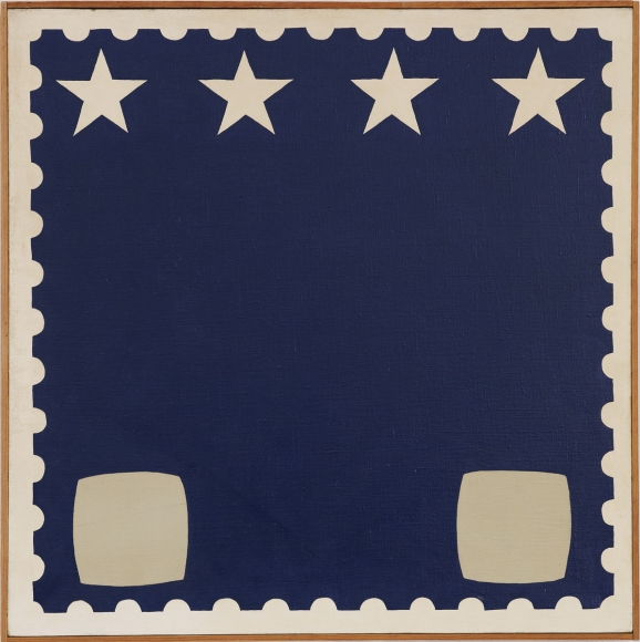 A square shaped painting by John Wesley. The painting consists of a navy blue field with edges that resemble a postage stamp. On top of the blue field are four white stars. At the bottom of the composition are two off-white square shapes..