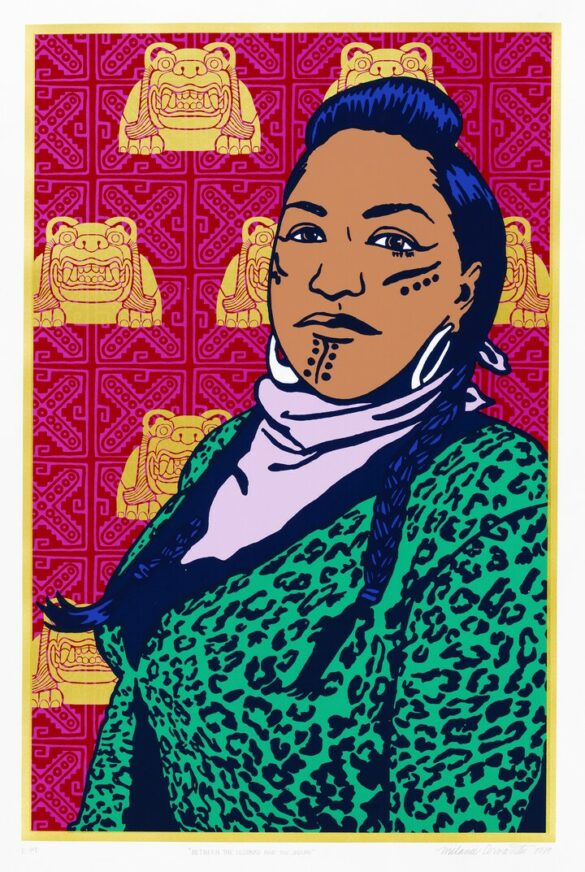 A screenprinted image by Melanie Cervantes. An Indigenous woman with facial tribal tattoos and long braided hair wears a green and black leopard print top. She stands in front of a patterned background that has a repeated pink "x" symbol overlaid with a repeated yellow jaguar illustration.