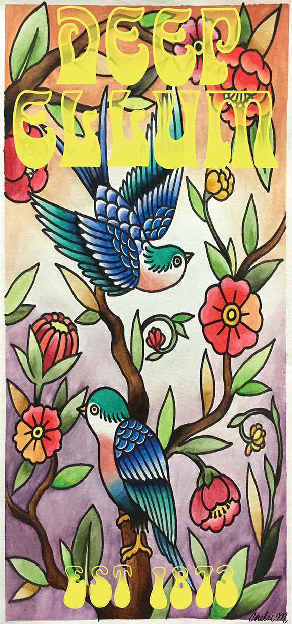 A tall narrow design by Chelsi Morrow. The design features two small colorful birds perched on branches with flowering buds. The text on the banner reads, "Deep Ellum. Est. 1873."