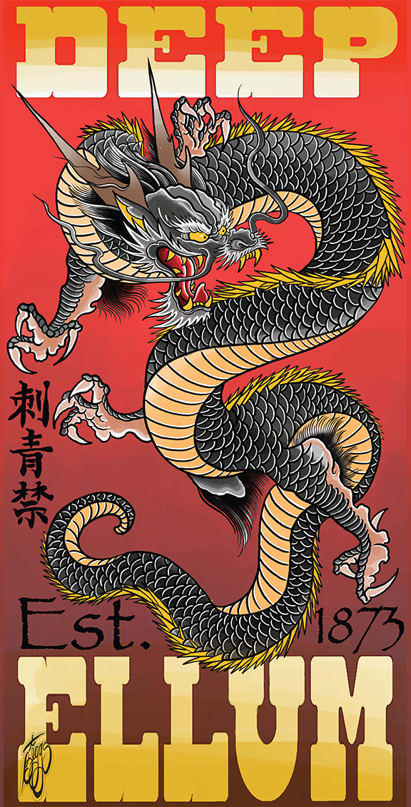 A tall narrow design by Cody Briggs. The design features a long and winding, intricately detailed Chinese dragon. Text on the banner reads, "Deep Ellum. Est. 1873."