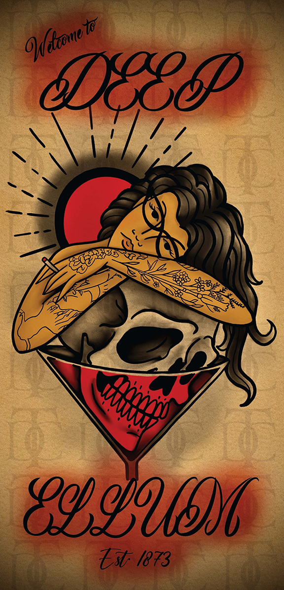 A tall narrow design by Damian Reign. The design includes an image of a woman with long curly black hair and black glasses. Her head is resting on her crossed arms and her hand holds a cigarette. The figure is propped on top of a skull which is resting in a red martini glass. Text on the banner reads, "Welcome to Deep Ellum. Est. 1873."