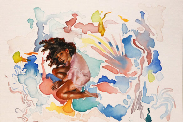 A painting by Elizabeth Hudson that features a young Black girl sitting on the ground and looking up at the viewer. Surrounding the girl are abstract shapes and blobs of color.