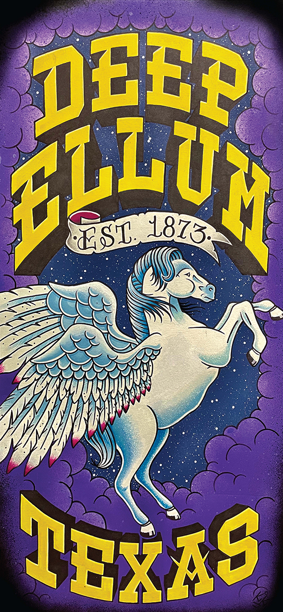 A tall narrow design by Kendall Kirkland. The design depicts a bucking white pegasus against a starry night sky with purple clouds at the edges. The text on the design reads, "Deep Ellum Texas. Est. 1873."