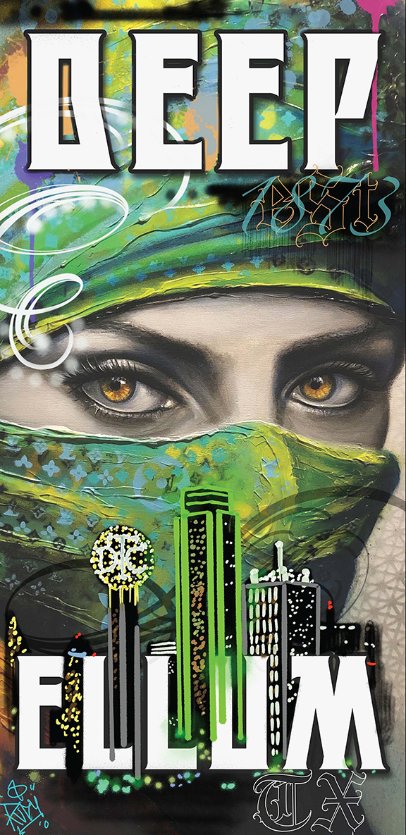 A tall narrow design by Rudy Hetzer. The design features a woman wearing a bright green head covering that also drapes across her face. The Dallas skyline appears over her draped face. Text in the design reads, "Deep Ellum, TX."