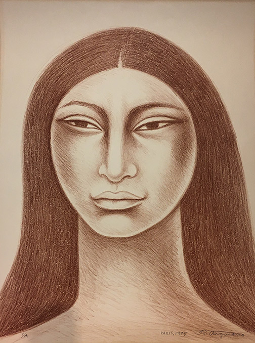 A print by Raúl Anguiano of a woman. She has long dark hair that is parted in the middle and a round serious face with a long neck.