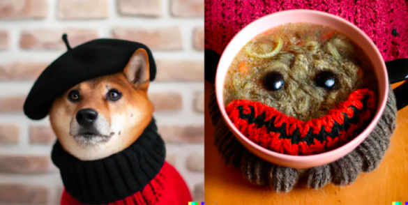 An AI generated image of a Shiba Inu dog wearing a sweater and a beret., on the left. On the right, it is a deconstructed sweater in a bowl — the face is made from string, etc.