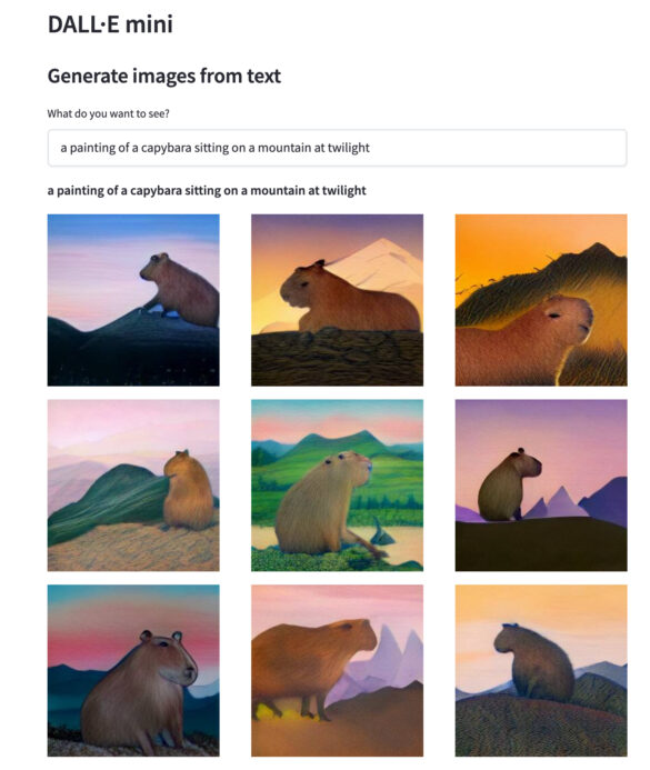 A panel featuring AI-generated paintings of a capybara sitting on a mountain