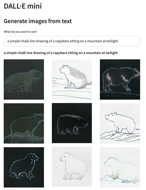 A panel featuring AI-generated drawings of a capybara sitting on a mountain
